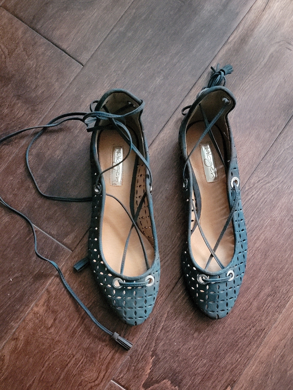 Women's Lace-Up Perforated Ballet Flats in Dark Teal
